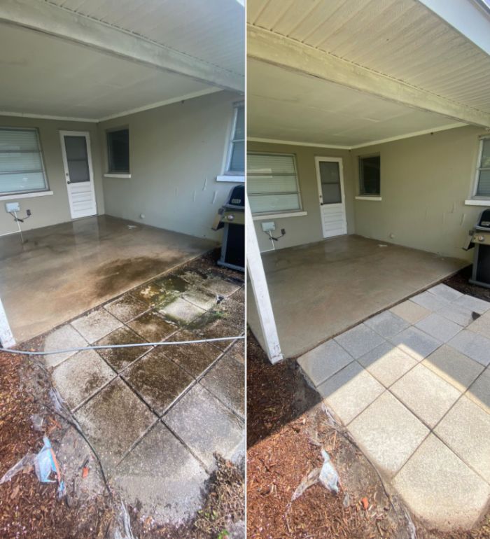 [Our Job Images] Before and after images pressure washing patio for our customer in Clearwater.