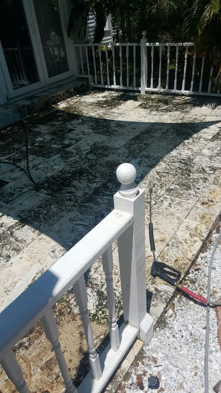 Marble tiles covered with algae and mold before pressure washing