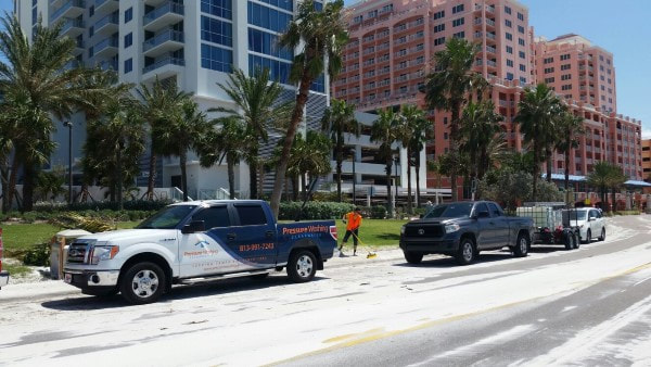 DPI Pressure washing staff cleans up in front of Wyndham Grand Hotel, Clearwater Beach