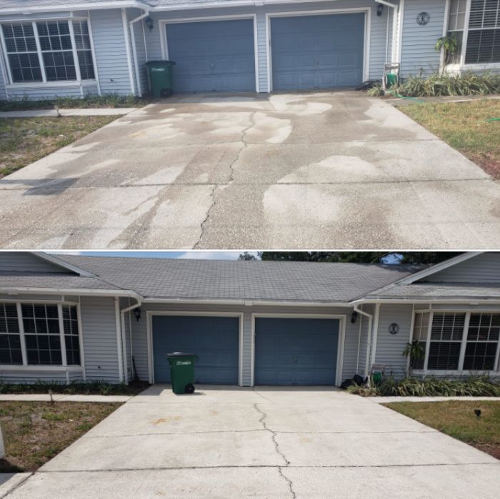Pictu[Our Job Images] Before and after images pressure washing driveway for our customer in Clearwater.re