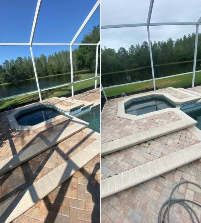 [Our Job Images] Before and after images pressure washing pool deck for our customer in Tampa Bay.