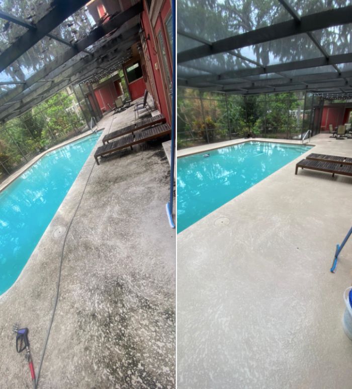 [Our Job Images] Before and after images pressure washing pool deck for our customer in Clearwater.